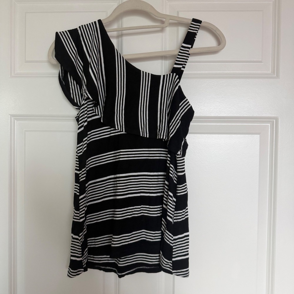 Cable & Gauge Top Women PS Black Stripe One Shoulder Ruffle SM31080P Viscose